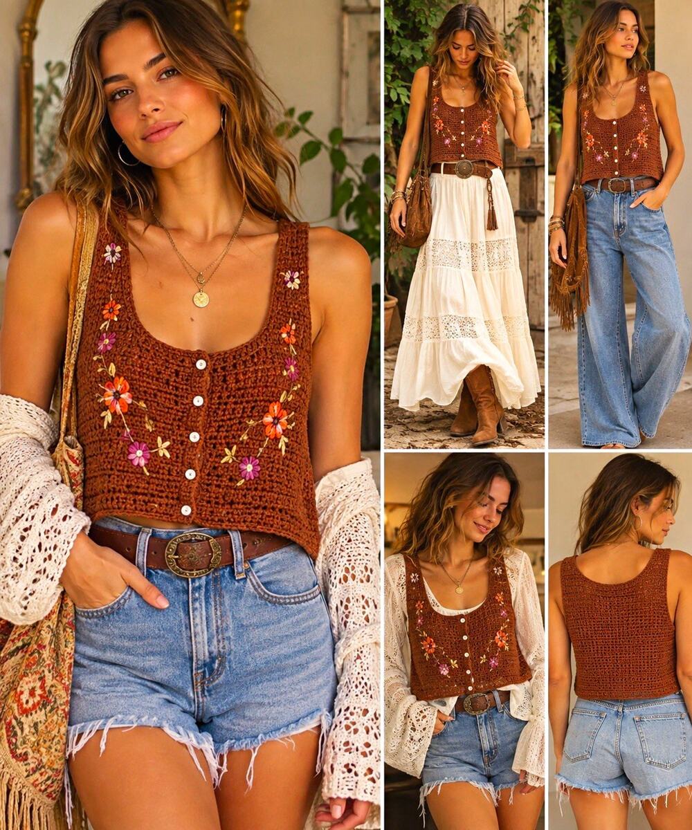 Free People Brown Crochet Floral Embroidered Button Front Tank Top M